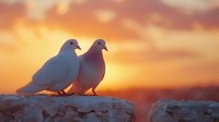 Two white doves perched together on rocky outcrop against dramatic orange sunset sky, perfect for romantic cards, wedding invitations or peace concepts.