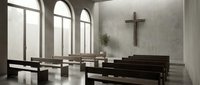 Modern minimalist chapel interior with wooden pews, large arched windows, concrete walls, and metal cross for worship, meditation, or religious ceremony spaces.