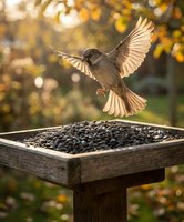 Small brown bird landing on wooden feeder filled with sunflower seeds in autumn garden with golden bokeh background for wildlife and nature themes.