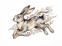 Leaping rabbit with Asian-style floral and swirl motifs, isolated on transparent background. Ready for t-shirt design, stickers, print on demand, and sublimation crafts.