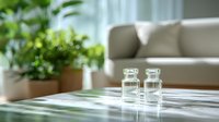 Two glass perfume bottles on coffee table with natural light, green plants and neutral sofa in background creating serene home atmosphere.