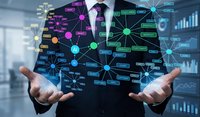 Business professional presenting holographic network diagram with connected nodes and data visualization in modern office environment.