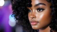 Young African American woman with curly hair and flawless makeup in studio lighting for beauty and cosmetics advertising campaigns.