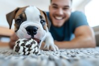 English Bulldog puppy with rope toy on carpet, young man smiling in background, showcasing pet companionship at home.