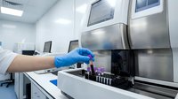 Laboratory technician in blue gloves operating automated testing equipment in sterile medical research facility for sample analysis and diagnostics.