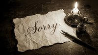 Vintage sorry note written in elegant calligraphy on aged parchment paper, with a candle and ink pen on a rustic wooden table.