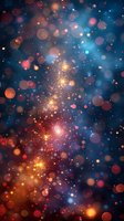 Magical sparkles and bokeh lights creating ethereal atmosphere with glowing orange and blue particles floating in dark space, dreamy cosmic background.