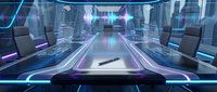 Futuristic conference room with holographic displays and neon lighting for corporate meetings and technology presentations.