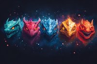 Five elemental dragon heads in vibrant colors against starry cosmic background for fantasy gaming and digital art projects.