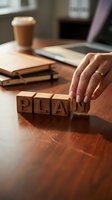 Hand arranging wooden letter blocks spelling PLAN on desk with coffee and laptop for business strategy and goal setting concepts.