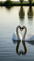 Two white swans forming heart shape with necks on calm lake water during golden hour sunset with trees reflected in background for romantic concepts.