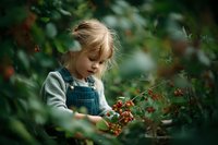 Young girl in denim overalls exploring nature, gently touching red berries among lush green foliage. Childhood curiosity and connection with the natural world.