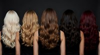 Five women displaying different hair colors from blonde to brunette to red with long wavy hairstyles against dark background for beauty salon concepts.