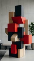 Abstract geometric sculpture with stacked colorful wooden blocks in modern interior design setting for contemporary art and architecture projects.