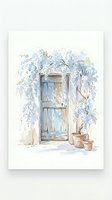 Watercolor rustic wooden door with blooming wisteria flowers and clay pots in soft pastel colors for home decor and spring garden design projects.