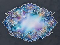 Ornate decorative frame with swirling cloud motifs in watercolor blues and purples on dark background for elegant design projects.
