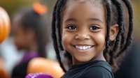 Happy African American girl with dreadlocks smiling at camera during Halloween celebration with pumpkins in background for autumn holiday festivities.