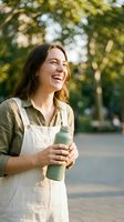 Happy young Caucasian woman laughing outdoors holding reusable water bottle in park setting with natural sunlight and green trees in background.