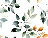 Elegant watercolor leaves pattern in sage green and copper tones on white background, seamless repeat design for fabric, wallpaper and home decor.