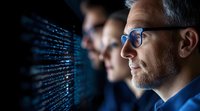 Software developers analyzing code on digital screens in dark office environment, focused on programming data and cybersecurity solutions.