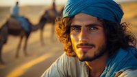Young Middle Eastern man with curly hair wearing traditional blue turban smiles at sunset, camels in desert background, warm golden lighting creates atmospheric travel scene.