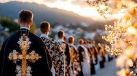 Orthodox Christian priests in black robes with golden crosses stand in line during sunset ceremony, blossoming tree branches in foreground creating spiritual atmosphere.