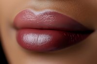 Close-up macro shot of plump, glossy lips wearing dark mauve lipstick against smooth skin, showcasing professional makeup application and beauty details.