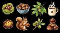 Chestnut collection with spiky shell, roasted nuts in bowl, leaves, squirrel, hot beverage, and whole chestnuts isolated on transparent background. Ready for clipart, t-shirt design, stickers, and print-on-demand projects.