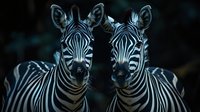 Two zebras standing close together with distinctive black and white stripes against dark background for wildlife photography and nature designs.