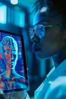 African American scientist in lab coat examining digital brain scan on tablet display in blue neon lighting, showcasing advanced medical technology research.