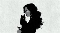 Elegant woman with long dark hair holding black cat and wine glass on textured white background, minimalist monochrome illustration.