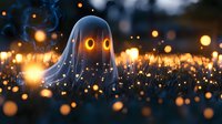 Glowing ghost figure in mystical night meadow surrounded by magical floating orbs and fireflies creating ethereal atmosphere. Spooky fantasy scene with bokeh lights.