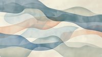 Flowing abstract waves in soft pastel colors create gentle layered landscape. Muted blue, peach and gray translucent shapes overlap for modern minimalist design.