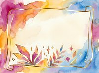 Watercolor frame with vibrant pink, orange, yellow and blue washes, decorative botanical elements and gold border on white background, isolated for invitations and design projects.