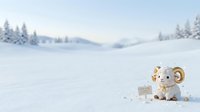 Young elephant figurine with golden accents sitting in snowy winter landscape with evergreen trees and mountains in background. Suitable for holiday greeting cards, seasonal marketing, children's content.