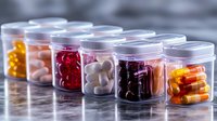 Clear plastic containers with colorful prescription medication pills and capsules arranged in row on reflective surface, pharmaceutical drugs in organized storage.