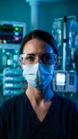 Female scientist wearing protective mask and safety goggles in modern laboratory with blue lighting and medical equipment for research and healthcare work.