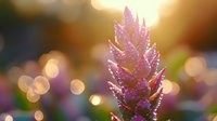 Pink celosia flower in morning dew with soft bokeh background and golden sunlight, macro photography capturing delicate water droplets on petals.