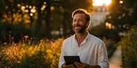Happy middle-aged Caucasian businessman with beard holding tablet outdoors at sunset, smiling confidently in urban park setting with warm golden light.