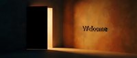Open door with glowing light illuminating a dark room and Welcome text on a warm textured wall, symbolizing opportunity and invitation.