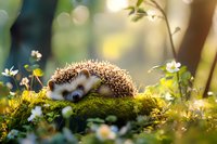 Adorable hedgehog resting on moss surrounded by white wildflowers in spring forest setting with soft bokeh background and warm sunlight filtering through.