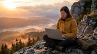 Woman in yellow jacket working on laptop while sitting on rocky mountain cliff overlooking misty valley at sunrise, remote work and outdoor adventure concept.