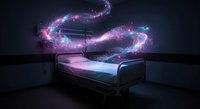 Hospital bed with magical cosmic energy swirls in dark room creating surreal medical fantasy atmosphere for healthcare and imagination concepts.