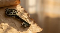 Antique ornate metal key resting on aged parchment paper, evoking mystery, history, and hidden secrets in warm golden light.