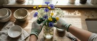 Hands arranging fresh wildflowers in glass vase on rustic table with pottery bowls, perfect for home decor and lifestyle content.