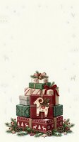 Stacked festive gift boxes with red ribbons, pine branches, pinecones, and decorative reindeer ornament on cream background with scattered snowflakes.