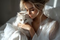 Young blonde woman in white dress gently embracing fluffy white cat while relaxing in soft morning light, creating intimate and tender moment between pet and owner.