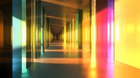 Futuristic corridor with colorful light reflections creating infinite perspective. Glowing columns and walls in yellow, pink, and turquoise form symmetric architectural space.