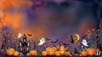 Spooky Halloween night scene with haunted house, flying witch, ghosts, bats and glowing jack-o-lanterns in purple orange sky for seasonal decorations.