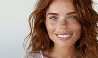 Young woman with natural freckles and bright blue eyes smiling warmly at camera, showcasing authentic beauty and genuine happiness against light background.